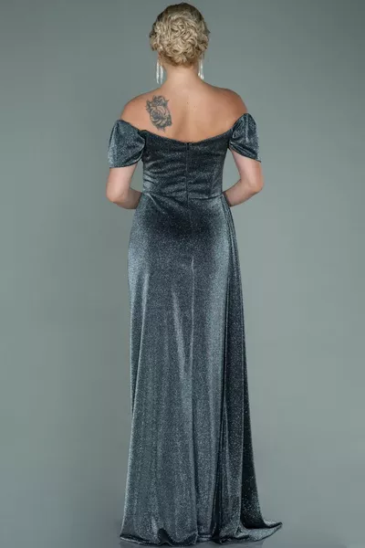 Antraciet bootkraag gedrapeerde spleet lange glitter avondjurk 
