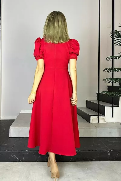  Balloon Sleeve Flared Jurk Rood