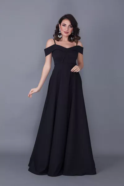 أسود ماكسي طول الكتف مفصلة حزام المتوهجة نموذج اللباس