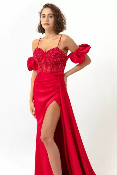 Robe de soirée longue à épaules dénudées corset rouge pour femme