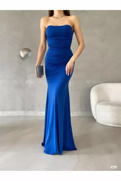 Dimitri Drapierte trägerlose sandfarbene Abendkleider  SAX BLAU