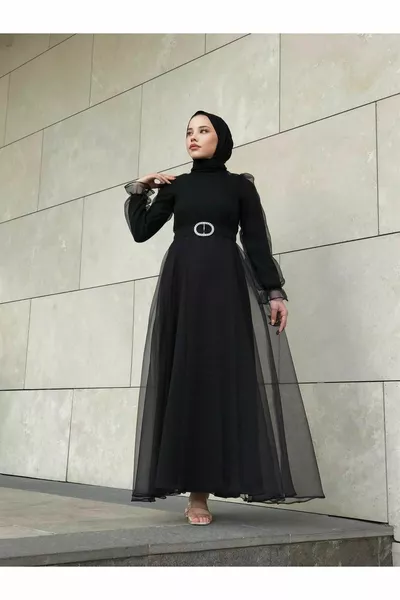 Ellipse Chain Belt Organza Hijab Evening Dress Black