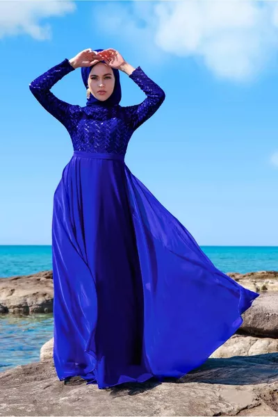 Jupe Bleu Marine (SAKS) Femme Robe de soirée en mousseline de soie 