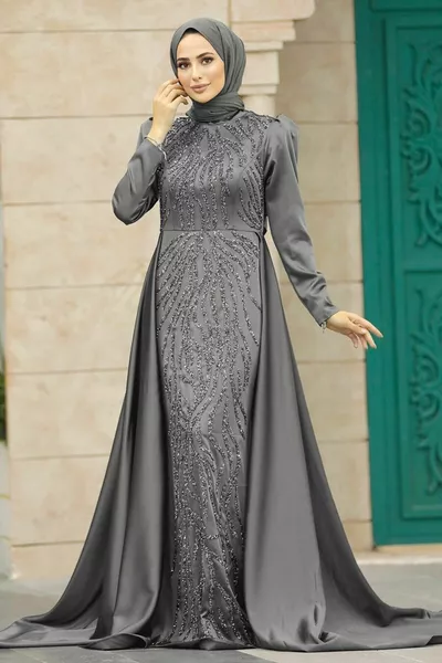 Hijab Evening Dress - Tailed Smoked Satin Hijab Evening Dress FU
