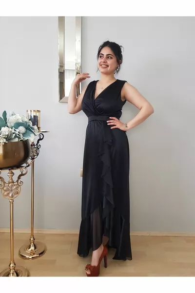 Дамска черна шифон двуредна вечерна рокля