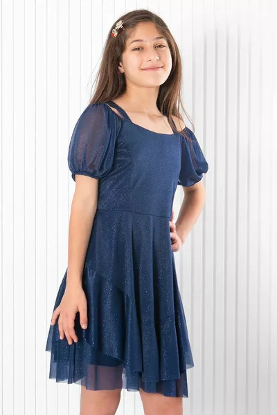 Ballon Mouw Glitter Tule Avondjurk Marineblauw 