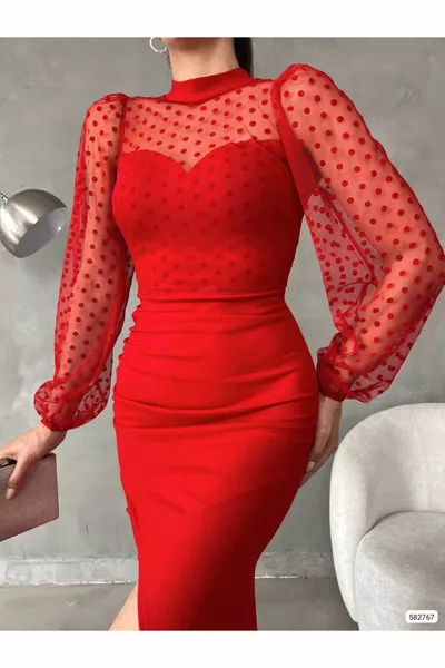 نسيج كريب مطاطي أحمر تول مفصل شق طويل الأكمام مساء اللباس  