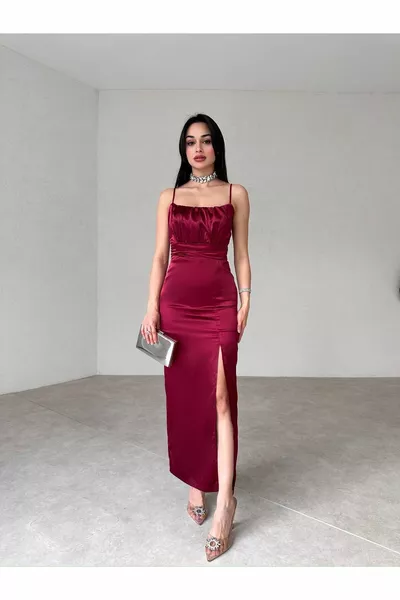 SATIN DRESS WITH STRAPS WITH SLIT DETAIL