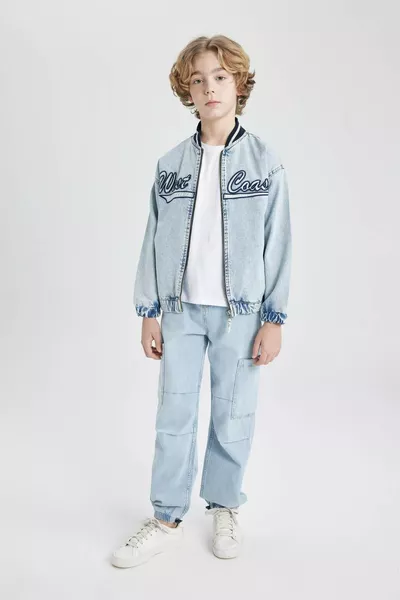 SP Boys' Collared Zip-Up Pocketed Seasonal Printed Denim Bomber Jacket