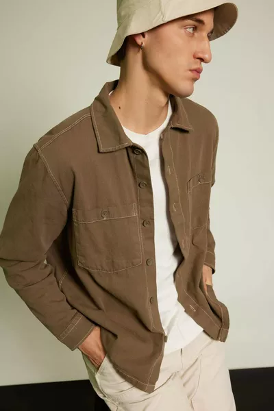 قميص جاكيت قطني بأكمام طويلة مقاس ريلاكس AU