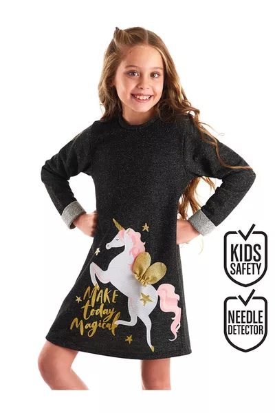 Siyah Kanatlı Unicorn Kız Çocuk Kışlık Elbise