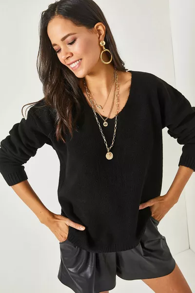 Pull en tricot doux pour femme, col V noir 
