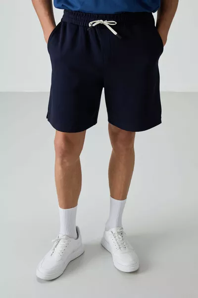 Dunkelblaue Baumwoll-Shorts für Herren, dick, weich strukturiert, Comfort Fit Basic - 