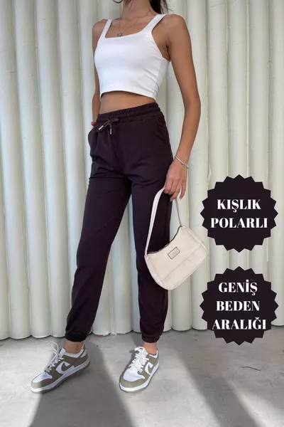 Дамски гащеризон от плат за гмуркане, зимен поларен, джогър с висока талия и джобове, кафяв