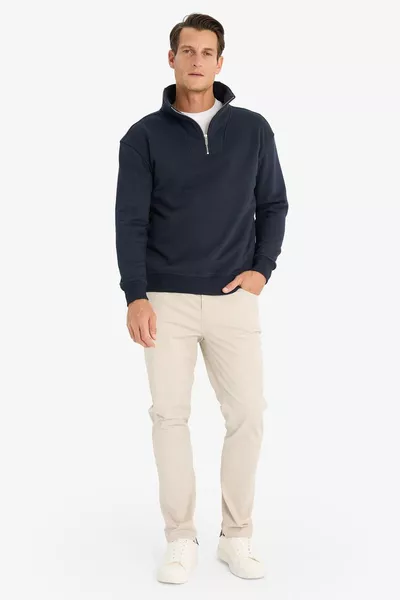 Relax Fit Dik Yaka Fermuarlı Basic Düz Kalın Sweatshirt WN