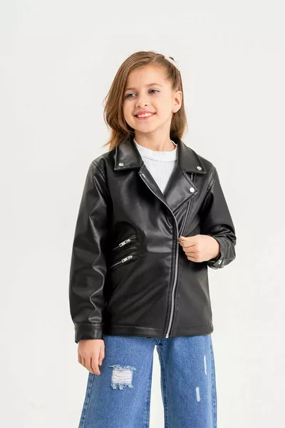 Zipped Lined Girls' Leather Jacket