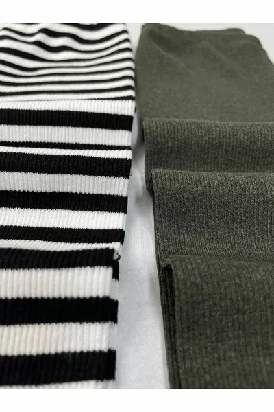 Elastische Gerippte Gestreifte - Khaki 2er-Set Mädchen- und Jungen-Winterleggings