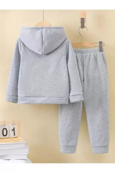 Памучен екип с цип и принт на мече за момче/момиче