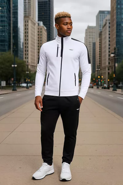 بدلة رياضية رجالية قطنية موسمية بياقة عالية بيضاء بسحاب وجيوب وساق مستقيمة من قماش مزدوج