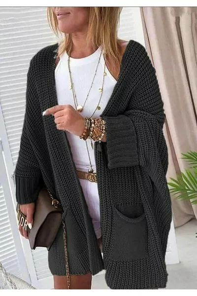 Женский длинный трикотажный кардиган оверсайз с карманами