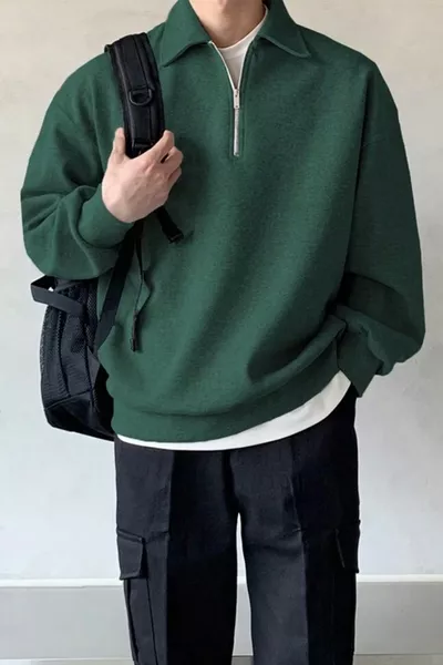 Мужской свитшот оверсайз с воротником поло зелёного цвета
