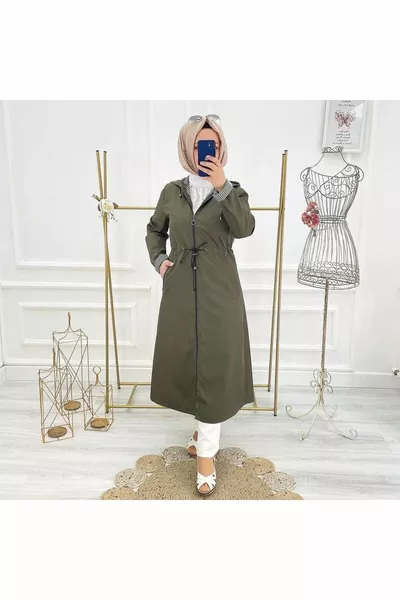 Khaki Striped Lined Waterproof Women's Trench Coat