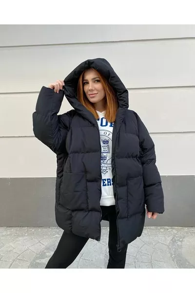 Manteau matelassé à manches chauve-souris noires pour femme