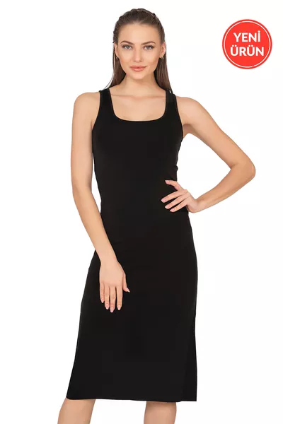 Özkan  Women's Premium Fabric Viscose Knee-Length Long Stretch Comfortable Thick Strappy Jumpsuit Dress Skirt