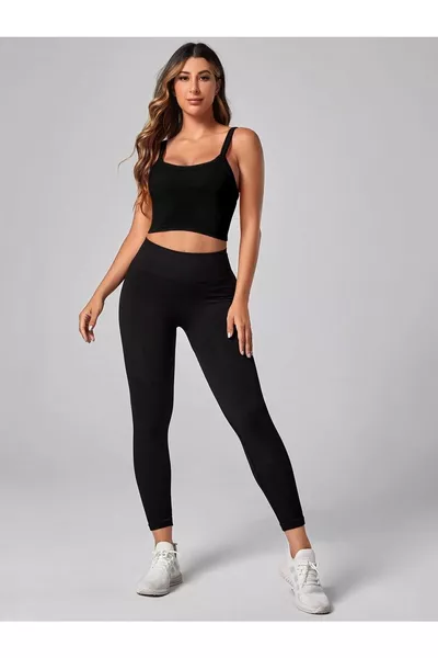 Damen Schwarzes Rippstrick-Träger-Crop-Top