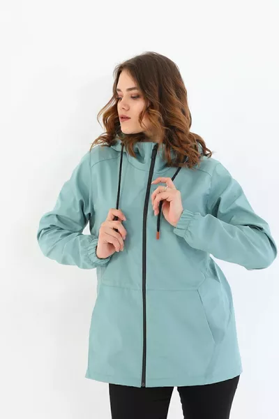 Дамски дъждобран с качулка и джобове, ментово-зелен, подплатен, водоустойчив и ветроустойчив - ветробран