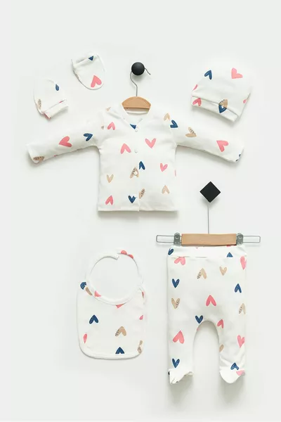 Hospital Discharge Set, 5-Piece Cotton Set, Newborn Clothes, Colorful Heart, % Cotton - Gift Wrapped