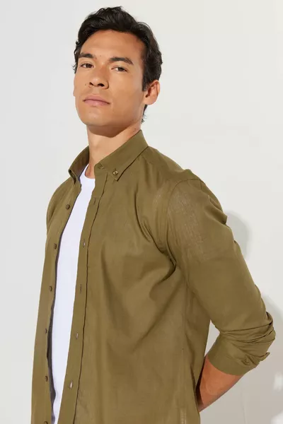 Erkek K.haki Keten Görünümlü % Pamuk Nefes Alabilen Kumaş Flamlı Slim Fit Düğmeli Yaka Gömlek