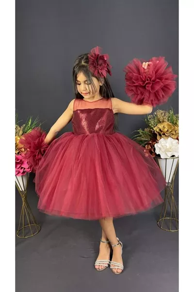 Chiffon Met Ruches Pompon Mouwen Pailletten Meisjes Rok Luxe Tule Feestjurk BORDEAUX