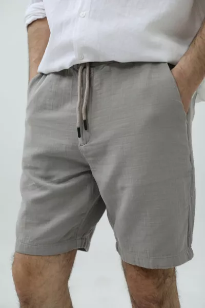Herren Hellgraue Musselin Leinen Shorts mit Kordelzug