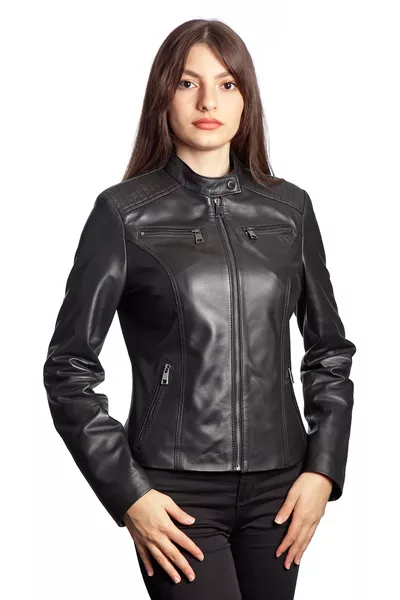 Veste en cuir véritable noire Vanessa