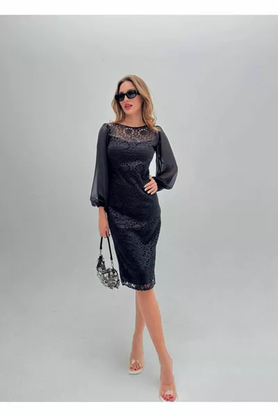 المرأة متوسطة الطول الأكمام الشيفون الدانتيل اللباس