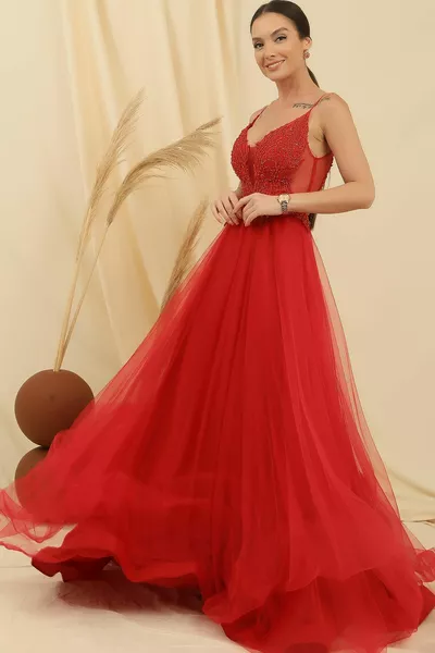 Веревочный ремешок из гипюрового бисера Подробное длинное платье из тюля на подкладке