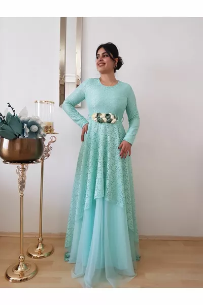 Wassergrünes Chiffon-Hijab-Abendkleid für Damen