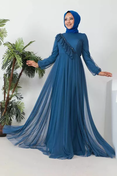 نيلي الجبهة مفصلة تول فساتين السهرة