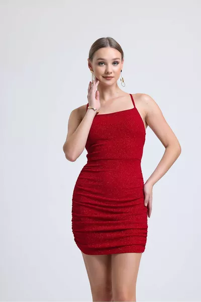 Red Glitter Low-Cut Cross-Link Party Dress