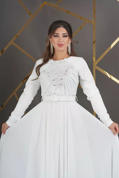 Hijab Chiffon Design Guipure Pearl Belt Accessory Long Dress Evening Dress