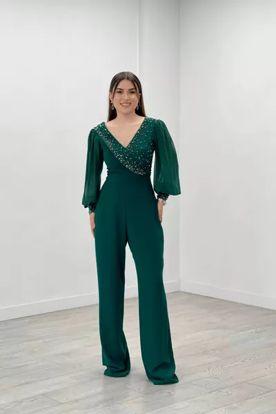 Crepe Fabric Stone Detailed Sleeves Chiffon Overalls Evening Dress - ZÜMRÜT GREEN
