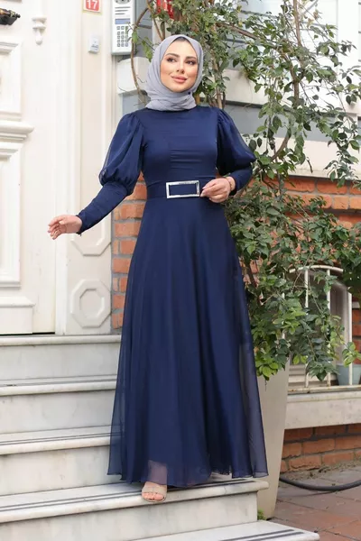 Jennifer Bubble Belt Тюль Вечернее платье темно-синего цвета