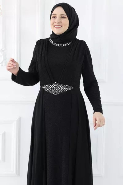 Cevher Hijab Avondjurken Zwart