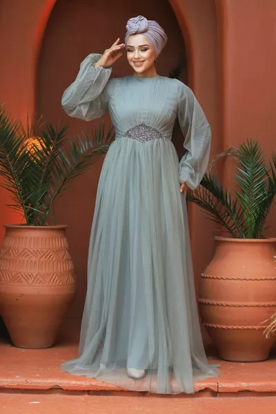 Tulle Menthe Hijab Robe De Soirée 