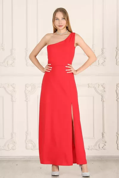 One Shoulder Deep Slit Red Evening Dress