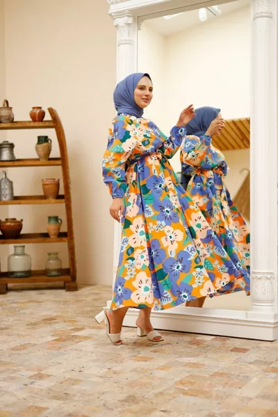 Zomerse bloemenjurk/Blauw Oranje