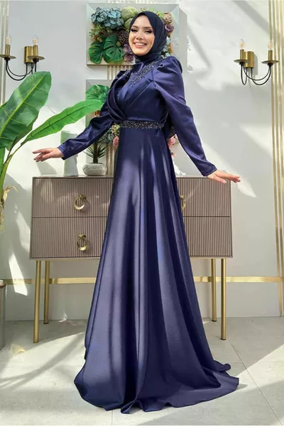 ABITO DA SERA DONNA BLU NAVY CON DETTAGLI IN PIETRA T 