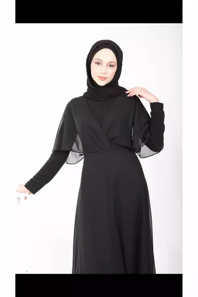 Robe de soirée en mousseline de soie noire à manches chauve-souris pour femmes