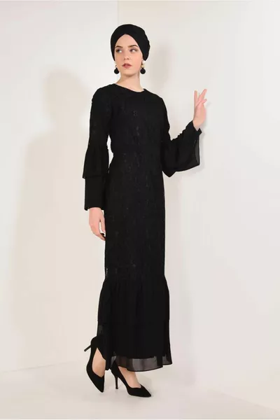 Vrouwen Zwarte Mouwen Volant Kant Gedetailleerde Avondjurk T 